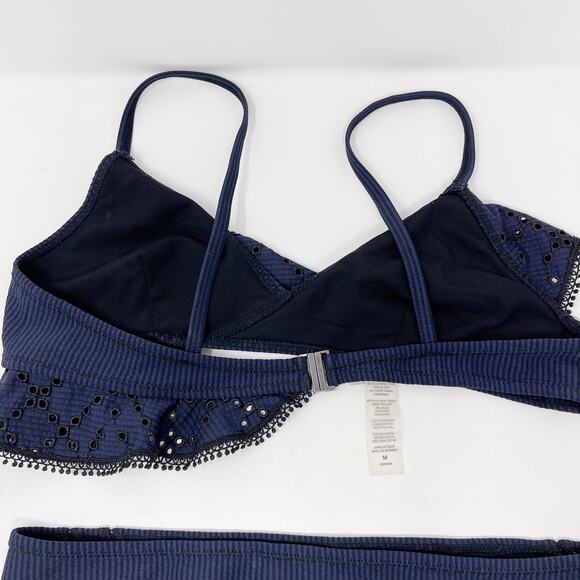 Jonathan Simkhai Striped Ruffle Bikini Set Navy Black Medium Top Small Bottom - Picture 6 of 12